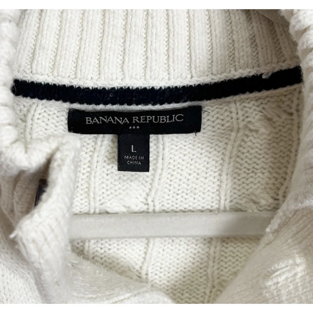Banana Republic Sweater Men L Ivory Cable Knit Button Mock Neck